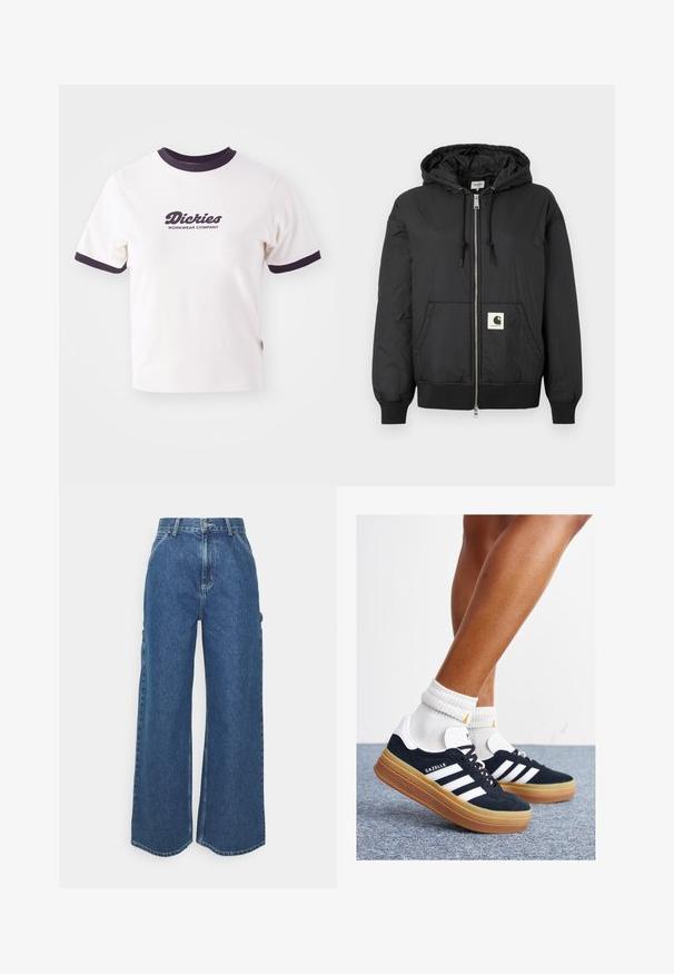 Black hooded jacket with a zip front, ribbed cuffs and hem, and a square logo patch on the lower front. Made from lightweight, smooth fabric.; White T-shirt with dark navy ribbed collar and sleeves. Features a large graphic text logo in dark navy, "Dickies WORKWEAR COMPANY."; Wide-leg blue denim trousers with a high waist, contrasting stitching, and side pockets, featuring a classic five-pocket design and raw hems.; Black suede sneakers with white stripes and accents, rounded toe, gum rubber outsole, paired with white ribbed crew socks.