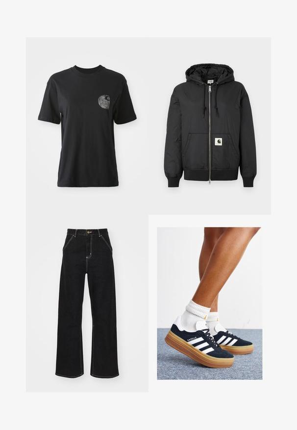 Schwarze Kapuzenjacke mit Reißverschluss, gerippten Bündchen und Saum sowie einem quadratischen Logo-Patch auf der unteren Vorderseite. Hergestellt aus leichtem, glattem Material.; Schwarzes Baumwoll-T-Shirt mit rundem Halsausschnitt und kurzen Ärmeln, das ein strukturiertes Grafikdesign eines Spiral-Musters im Bereich der linken Brusttasche aufweist.; Schwarze weit geschnittene Jeans aus Denim, mit kontrastierenden weißen Nähten und einem vorderen Knopfverschluss, ausgestattet mit zwei schrägen Fronttaschen.; Schwarze Wildledersneaker mit weißen Streifen und Akzenten, rundlicher Zehenbereich, Sohlen aus braunem Gummi, kombiniert mit weißen, gerippten Sneakersocken.