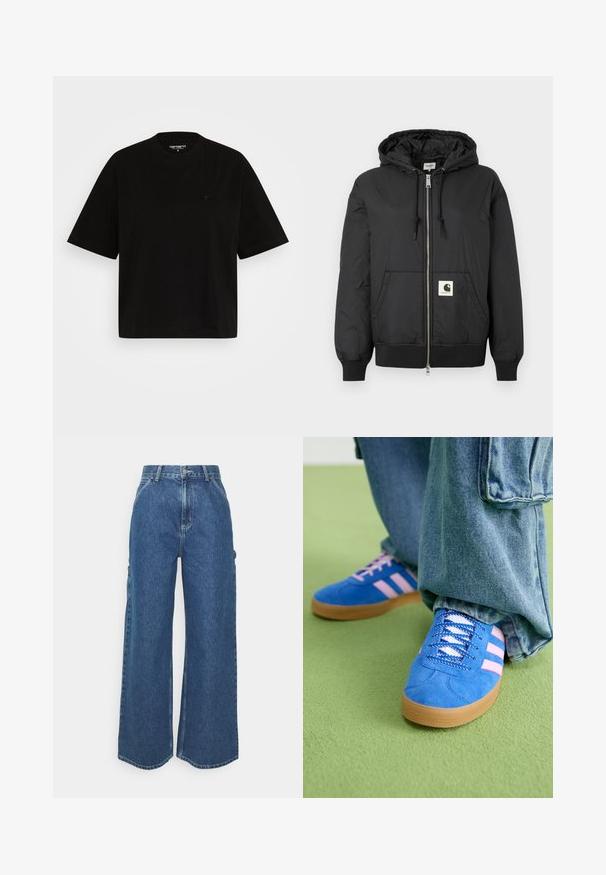 Sort hættejakke med lynlås foran, ribbede manchetter og kant, samt et firkantet logo-patch på den nedre front. Fremstillet af letvægts, glat stof.; Sort bomulds t-shirt med en afslappet pasform, korte ærmer, rund halsudskæring og en lille logodetalje på venstre bryst.; Bredde ben blå denimbukser med høj talje, kontrastsyede sømme og sidelommer, med et klassisk fem-lomme design og rå kanter.; Blå ruskindsko med pink striber og hvide snørebånd, med en sål af gummi, parret med løse denimbukser på en grøn overflade.