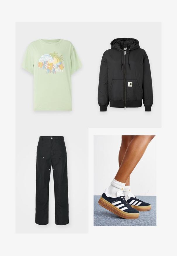 Schwarze Kapuzenjacke mit Reißverschluss, gerippten Bündchen und Saum sowie einem quadratischen Logo-Patch auf der unteren Vorderseite. Hergestellt aus leichtem, glattem Material.; Hellgrünes T-Shirt mit kurzen Ärmeln, bedruckt mit einer Wellen- und Blumengrafik, auf der der Markenname "ROXY" in Weiß zu sehen ist. Aus weichem Baumwollmaterial.; Schwarze Hose mit geradem Bein, aus einem strukturierten Stoff. Verfügt über dekorative silberne Hardware und einzigartige Nahtdetails.; Schwarze Wildledersneaker mit weißen Streifen und Akzenten, rundlicher Zehenbereich, Sohlen aus braunem Gummi, kombiniert mit weißen, gerippten Sneakersocken.
