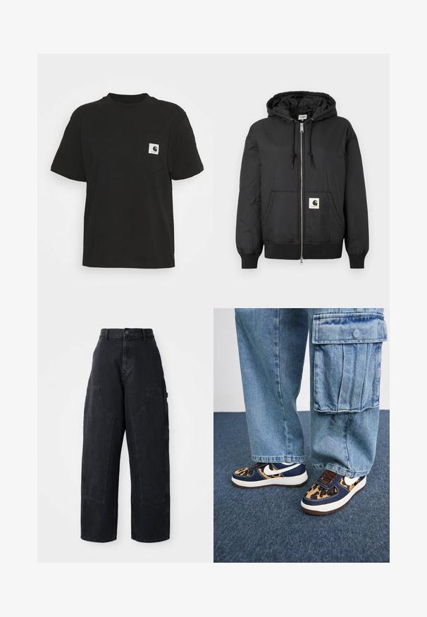 Crna jakna s kapuljačom, sa patentnim zatvaračem sprijeda, rebrastim manžetama i donjim rubom, te kvadratnom oznakom na donjem prednjem dijelu. Izrađena od laganog, glatkog materijala.; Crna pamučna majica s kratkim rukavima, okruglim izrezom i prednjim džepom s kvadratnim logotipom u bijeloj i crnoj boji.; Crne traper široke cargo hlače s visokim strukom, dva velika prednja džepa i zatvaranjem na dugme u struku. Glatka tekstura, ležeran dizajn.; Tamno plave tenisice s akcentima u uzorku leoparda, bijeli Nike swoosh, smeđi vezice i bijela srednja potplata. Uparene s svijetloplavim trapericama cargo.