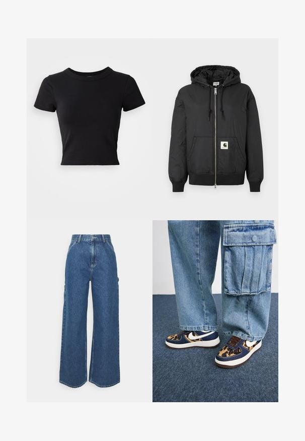 Black hooded jacket with a zip front, ribbed cuffs and hem, and a square logo patch on the lower front. Made from lightweight, smooth fabric.; Black cropped t-shirt made of solid cotton, featuring short sleeves and a round neckline, with a smooth and simple design.; Wide-leg blue denim trousers with a high waist, contrasting stitching, and side pockets, featuring a classic five-pocket design and raw hems.; Navy blue sneakers with leopard print accents, white Nike swoosh, brown laces, and white midsole. Paired with light denim cargo pants.