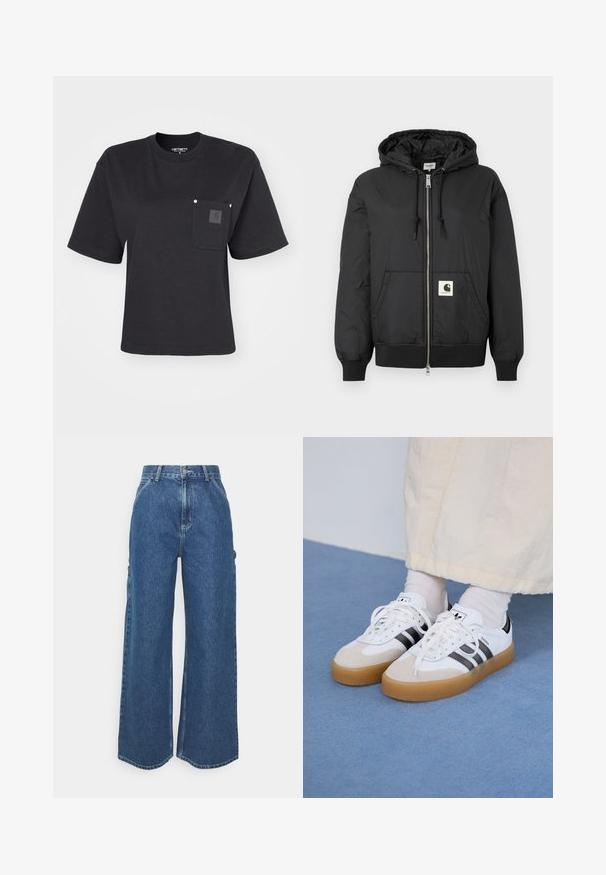 Zwarte hoodiejack met een ritssluiting aan de voorkant, ribbels aan de manchetten en onderrand, en een vierkant logo-patch op de onderzijde van de voorkant. Gemaakt van lichte, gladde stof.; Zwarte katoenen t-shirt met korte mouwen, een ronde hals en een voorzak met een logo patch. Minimalistisch ontwerp met een relaxte pasvorm.; Brede blauwe denim broeken met een hoge taille, contrasterende stiksels en zijzakken, uitgerust met een klassieke vijf-pocket stijl en ongewerkte naden.; Witte sneakers met zwarte strepen en beige suède accenten. Voorzien van een gestructureerde gumzool en platte witte veters, gedragen met lichtgekleurde sokken.