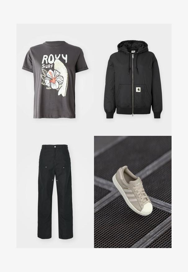 Chaqueta negra con capucha y cremallera en el frente, puños y dobladillo acanalados, y un parche cuadrado con el logotipo en la parte inferior delantera. Hecha de una tela ligera y suave.; Camiseta de algodón gris con un gráfico blanco de un pez y una flor de hibisco con detalles rojos, mangas cortas y cuello redondo.; Pantalones negros con un diseño de pierna recta, hechos de una tela texturizada. Presentan adornos de metal plateado decorativos y un diseño de costura único.; Zapatilla Adidas Superstar en color beige con parte superior de cuero texturizado, tres rayas laterales, puntera redonda y logotipo en la lengüeta y el talón.