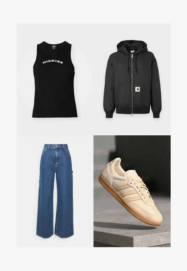 Melns kapuci jaka ar rāvējslēdzēju priekšpuses, ribotām piedurknēm un apakšējo daļu, kā arī kvadrātveida logo uzlīmi apakšējā priekšpusē. Izgatavota no viegla, gluda auduma.; Melna bez piedurknēm tanka ar ribotu tekstūru, kurai uz krūtīm ir balts izliekts "DICKIES" logo un V veida kakla izgriezums.; Platleņķa zili džinsi ar augstu jostasvietu, kontrastējošām šuvēm un sānu kabatām, ar klasisku piecu kabatu dizainu un neapstrādātiem malām.; Gaišbeige zamšas sneakeris ar gumijas zoli, trim diagonālām svītrām un teksturētu purngali. Uz mēles un sānos ir redzams logotips.