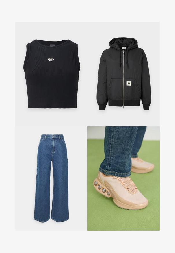 Melns kapuci jaka ar rāvējslēdzēju priekšpuses, ribotām piedurknēm un apakšējo daļu, kā arī kvadrātveida logo uzlīmi apakšējā priekšpusē. Izgatavota no viegla, gluda auduma.; Melnas ribotas krūtopas ar apaļu apkakli, ar mazu zelta sirds logotipu uz krūtīm un pieguļošu dizainu. Materiāls izskatās gluds.; Platleņķa zili džinsi ar augstu jostasvietu, kontrastējošām šuvēm un sānu kabatām, ar klasisku piecu kabatu dizainu un neapstrādātiem malām.; Gaiši bežs sporta apavi ar sietveida augšdaļu, gumijas zoli un noapaļotiem akcentiem ar metāliskām detaļām. Valkāti kopā ar zilām biksēm uz zaļas virsmas.