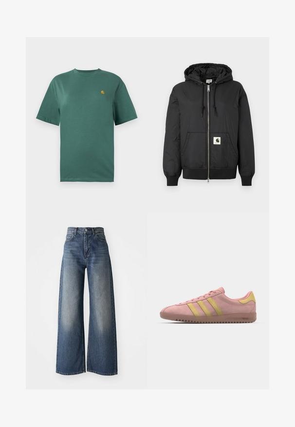 Black hooded jacket with a zip front, ribbed cuffs and hem, and a square logo patch on the lower front. Made from lightweight, smooth fabric.; Teal cotton t-shirt with short sleeves, crew neck, and a small yellow logo on the left chest. Smooth texture and relaxed fit.; Blue high-waisted wide-leg jeans with front button and pockets, faded texture on thighs and a straight hem.; Pink suede sneaker with three yellow stripes, rounded toe, and textured rubber sole. Low profile design with a cushioned collar.