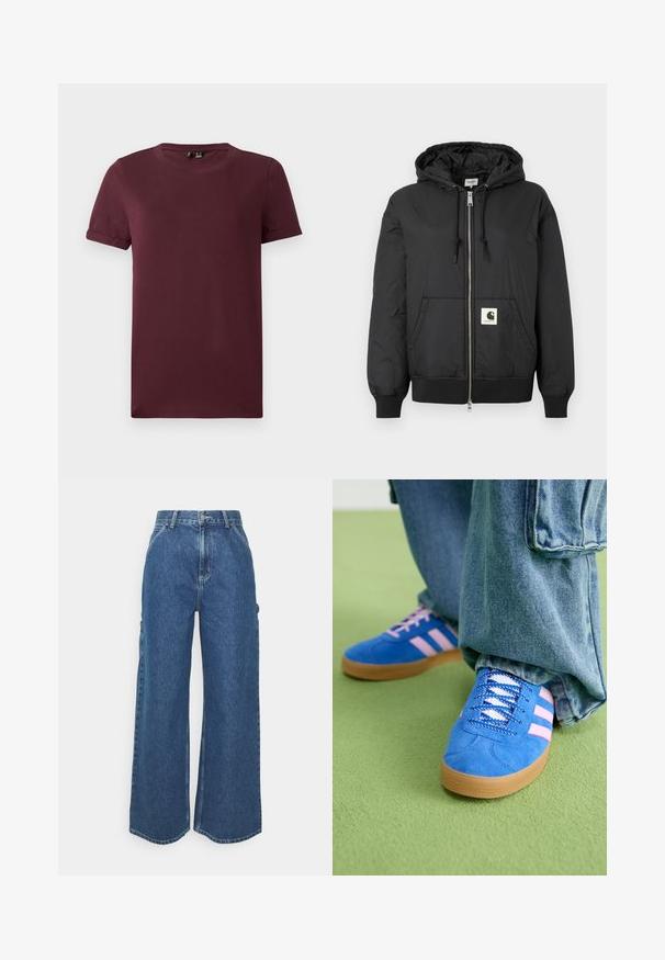 Chaqueta negra con capucha y cremallera en el frente, puños y dobladillo acanalados, y un parche cuadrado con el logotipo en la parte inferior delantera. Hecha de una tela ligera y suave.; Camiseta burdeos de algodón suave, con cuello redondo, mangas cortas y un corte relajado, con una textura lisa y sin patrones visibles.; Pantalones vaqueros de pierna ancha en azul con cintura alta, costuras en contraste y bolsillos laterales, que cuentan con un diseño clásico de cinco bolsillos y dobladillos sin rematar.; Zapatos de gamuza azul con rayas rosas y cordones blancos, con una suela de goma, combinados con pantalones denim holgados sobre una superficie verde.