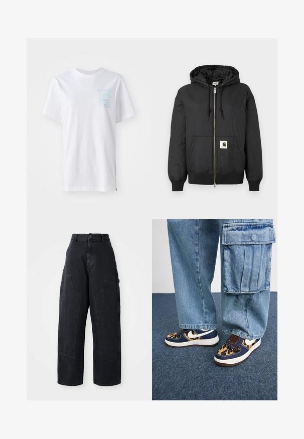 Black hooded jacket with a zip front, ribbed cuffs and hem, and a square logo patch on the lower front. Made from lightweight, smooth fabric.; White cotton t-shirt with short sleeves, featuring a light blue graphic of a palm tree and waves on the left chest area.; Black denim wide-leg cargo pants with a high waist, two large front pockets, and a button closure at the waist. Smooth texture, casual design.; Navy blue sneakers with leopard print accents, white Nike swoosh, brown laces, and white midsole. Paired with light denim cargo pants.