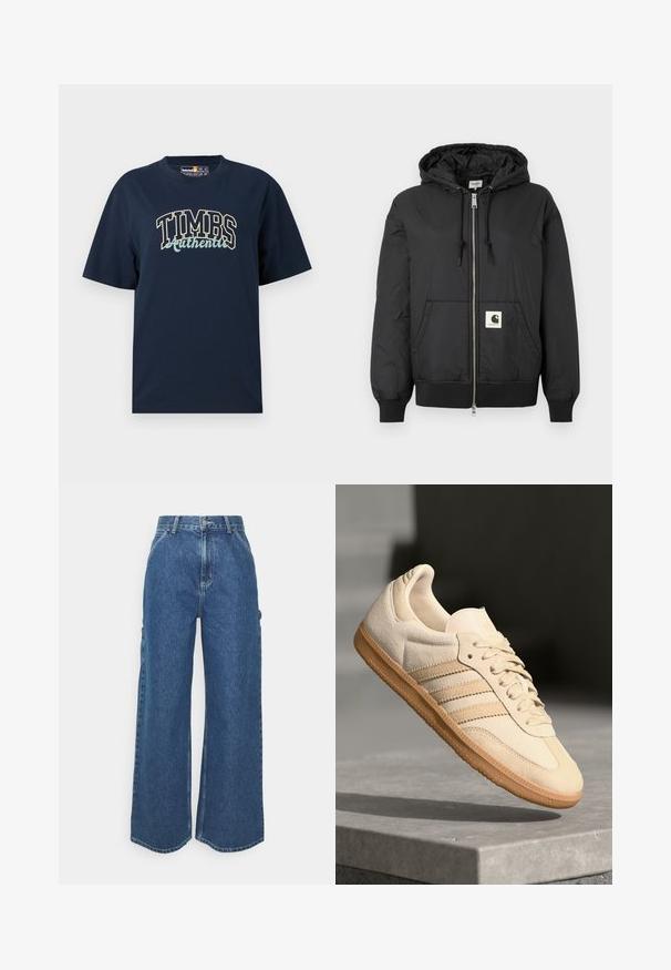 Black hooded jacket with a zip front, ribbed cuffs and hem, and a square logo patch on the lower front. Made from lightweight, smooth fabric.; Navy blue cotton t-shirt with a relaxed fit. Features a graphic design with "TIMBS Authentic" in contrasting colors. Short sleeves, crew neck.; Wide-leg blue denim trousers with a high waist, contrasting stitching, and side pockets, featuring a classic five-pocket design and raw hems.; Light beige suede sneaker with gum outsole, three diagonal stripes, and a textured toe cap. Features logo on the tongue and side.