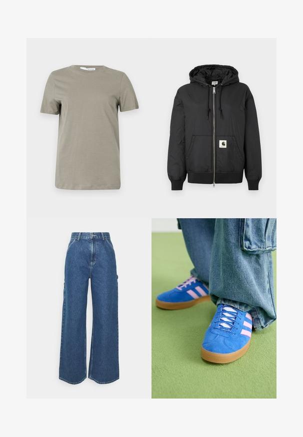 Sort hættejakke med lynlås foran, ribbede manchetter og kant, samt et firkantet logo-patch på den nedre front. Fremstillet af letvægts, glat stof.; Khaki kortærmet t-shirt lavet af blødt stof. Rund halsudskæring; lige kant. Minimalistisk design uden synlige mønstre eller detaljer.; Bredde ben blå denimbukser med høj talje, kontrastsyede sømme og sidelommer, med et klassisk fem-lomme design og rå kanter.; Blå ruskindsko med pink striber og hvide snørebånd, med en sål af gummi, parret med løse denimbukser på en grøn overflade.