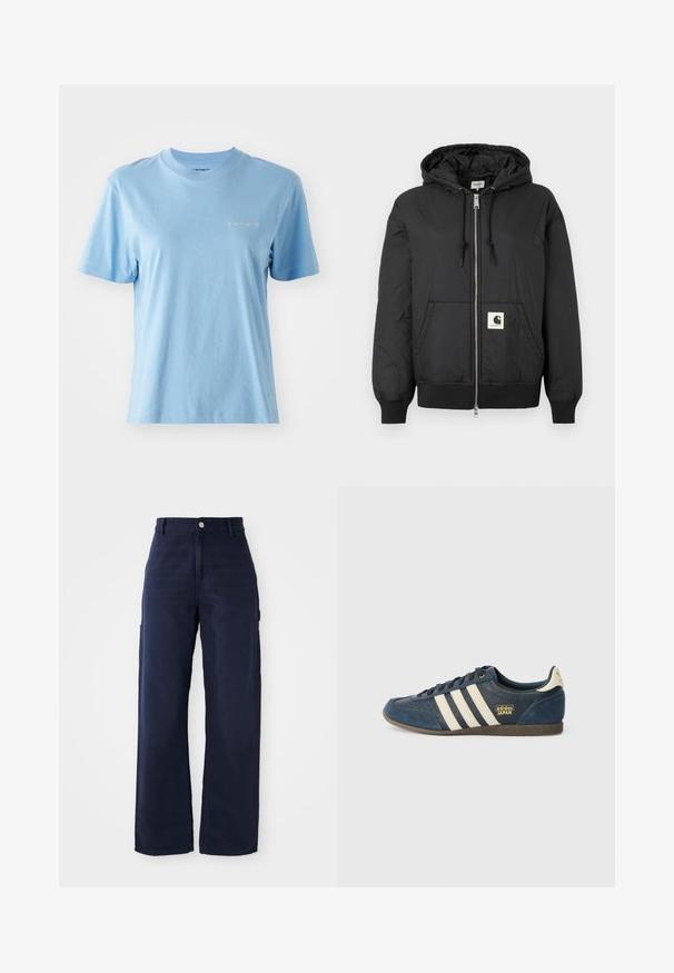 Veste à capuche noire avec fermeture éclair sur le devant, poignets et ourlet côtelés, et un patch logo carré sur le bas à l'avant. Fabriquée en tissu léger et lisse.; T-shirt à manches courtes, col rond, en coton doux de couleur bleu clair, avec un petit logo Carhartt blanc sur la poitrine. Texture lisse.; Un pantalon cargo large en bleu marine fabriqué dans un tissu en coton résistant, avec des poches latérales et une fermeture à bouton à la taille.; Baskets en suède bleu marine avec des rayures crème, zone des orteils texturée, logo doré "adidas JAPAN" et semelle en caoutchouc marron. Design classique à tige basse.