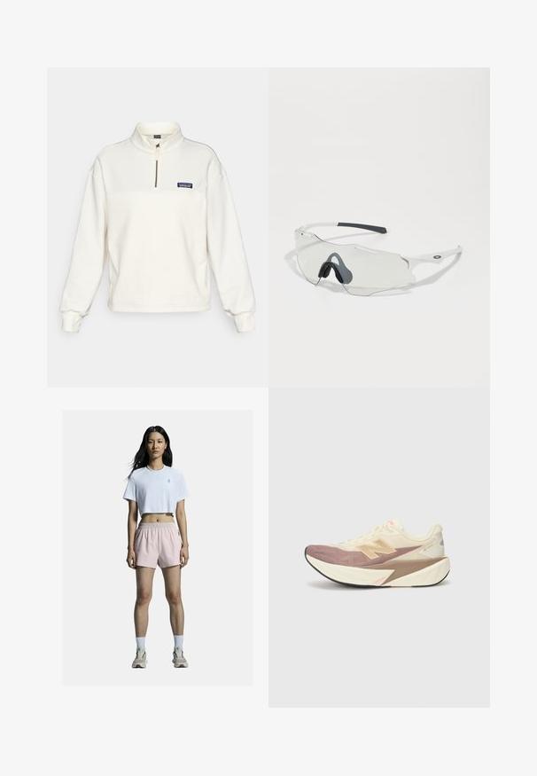 Fleece jacket in beige with a blue collar and pocket. Features a front zipper with orange pull tab and a small logo on the chest.; Cream-colored fleece pullover with a half-zip collar, long sleeves, and a small blue Patagonia logo on the chest. Smooth texture.; Light gray, long-sleeve crop top made of stretchy fabric, featuring a rounded neckline and sleek design. Paired with high-waisted black leggings.; White cropped t-shirt with logo, paired with light pink athletic shorts featuring an elastic waistband. White socks and neutral sneakers complete the outfit.; Running shoe with a cream upper, pink accents, and gray details. Features a thick sole with a textured surface and prominent logo.; Sunglasses with a clear lens, white frame, and gray rubber nose pads. Features sleek design, angular shape, and minimal hardware accents.