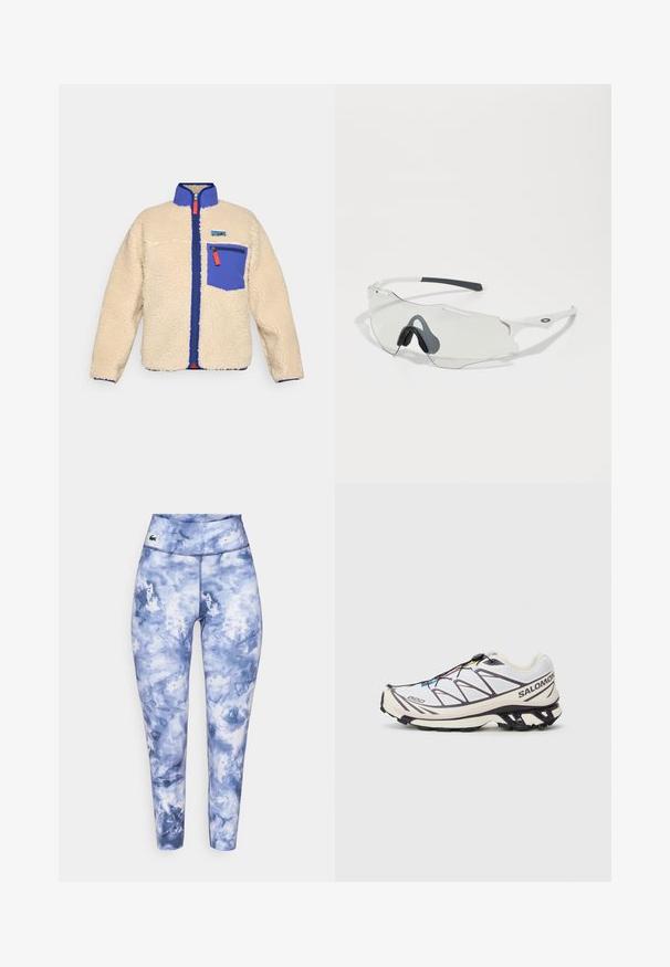 Béžová fleecová bunda s modrým límcem a kapsou. Disponuje předním zipem s oranžovou tažnou šňůrkou a malým logem na prsou.; Světle šedý crop top s dlouhým rukávem vyrobený z elastického materiálu, výstřih kulatého tvaru a elegantní design. V kombinaci s černými legínami s vysokým pasem.; Úzké legíny v modrém tie-dye vzoru, vyrobené z elastické tkaniny. Mají široký pas a malé logo značky na přední straně.; Běžecká obuv Salomon s bílým síťovaným svrškem a fialovými akcenty, s texturovanou podrážkou a rychlým šněrováním.; Sluneční brýle s průhlednými skly, bílým rámem a šedými gumovými nosníky. Mají elegantní design, úhlové tvary a minimální kovové akcenty.; Černá ramenní taška vyrobená z texturované tkaniny, s diagonálním designem, nastavitelným popruhem a stahovacími uzávěry po stranách.