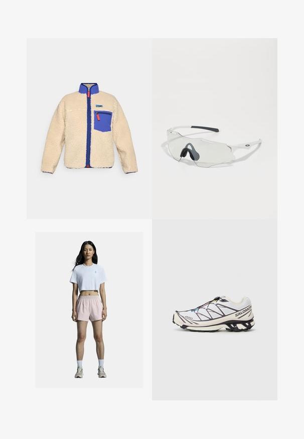 Fleecejacke in Beige mit blauem Kragen und Tasche. Verfügt über einen vorderen Reißverschluss mit orangefarbenem Ziehgriff und ein kleines Logo auf der Brust.; Hellgrauer, langärmliger Crop-Top aus dehnbarem Stoff mit rundem Ausschnitt und schlankem Design. Kombiniert mit hoch taillierten schwarzen Leggings.; Weißes, kurz geschnittenes T-Shirt mit Logo, kombiniert mit hellpinkfarbenen Sportshorts mit elastischem Bund. Weiße Socken und neutrale Sneakers runden das Outfit ab.; Salomon Laufschuh mit einem weißen Mesh-Obermaterial und lila Akzenten, einer strukturierten Sohle und einem Schnellverschluss.; Sonnenbrille mit klarem Gläsern, weißem Rahmen und grauen Gumminasenpolstern. Verfügt über ein schlankes Design, eine eckige Form und minimalistische Hardware-Akzente.