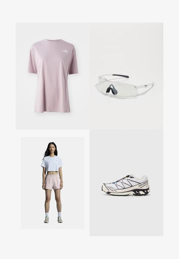 Fleec jakna u bež boji s plavim ovratnikom i džepom. Ima prednji patentni zatvarač s narančastom ručkom i mali logo na prsima.; Svijetloplavi kratki rukav majica od mekog materijala, s bijelim logotipom na gornjem lijevom dijelu prsnog koša i opuštenim krojem.; Bijela skraćena majica s logom, uparena s svijetloružičastim sportskim kratkim hlačama s elastičnom strukom. Bijele čarape i neutralne tenisice upotpunjuju odjevnu kombinaciju.; Salomon trkačka cipela s bijelim mrežastim gornjim dijelom s ljubičastim detaljima, teksturiranom potplatom i brzim sustavom vezanja.; Naočale za sunce s prozirnim staklima, bijelim okvirom i sivim gumiranim nosnim jastučićima. Karakterizira ih elegantan dizajn, uglasti oblik i minimalni akcenti hardvera.; Crna torba za rame izrađena od teksturirane tkanine, s dijagonalnim dizajnom, podesivim remenom i zatvaranjem na vezanje sa strane.