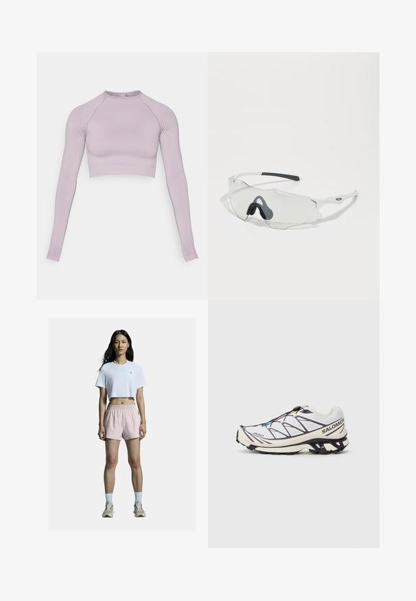 Fleecejacke in Beige mit blauem Kragen und Tasche. Verfügt über einen vorderen Reißverschluss mit orangefarbenem Ziehgriff und ein kleines Logo auf der Brust.; Lavendelfarbene, langärmelige Cropped-Bluse aus elastischem Stoff. Verfügt über einen runden Ausschnitt und einen gerippten Saum. Glatte Textur mit enganliegendem Design.; Weißes, kurz geschnittenes T-Shirt mit Logo, kombiniert mit hellpinkfarbenen Sportshorts mit elastischem Bund. Weiße Socken und neutrale Sneakers runden das Outfit ab.; Salomon Laufschuh mit einem weißen Mesh-Obermaterial und lila Akzenten, einer strukturierten Sohle und einem Schnellverschluss.; Sonnenbrille mit klarem Gläsern, weißem Rahmen und grauen Gumminasenpolstern. Verfügt über ein schlankes Design, eine eckige Form und minimalistische Hardware-Akzente.; Schwarze Schultertasche aus strukturiertem Stoff, mit diagonaler Gestaltung, verstellbarem Riemen und Kordelzugverschluss an den Seiten.