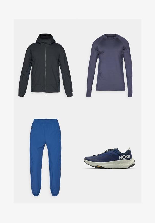 Melnā jaka ar rāvējslēdzēju un kapuci, kas izceļas ar gludu tekstūru, elastīgām aprocēm un kontrastējošām sānu daļām tumšākā tonī.; Tumši jūras zila sporta krekls ar garām piedurknēm, izgatavots no gludas, vieglas auduma, ar raglāna piedurknēm un apaļu kakla izgriezumu.; Zili sporta bikses no gludas auduma, ar elastīgu jostu, sānu rāvējslēdzēja kabatām un saspiestām kājām ar elastīgām aprocēm.; HOKA skriešanas apavi tumši zili ar ventilējamu augšdaļu, biezu krēmkrāsas starpposlē, pelēku zoli, Vibram zīmi un elastīgām ātruma auklām.