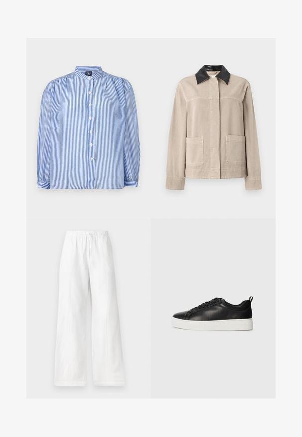 Μπεζ σακάκι με μαύρο δερμάτινο γιακά, με ίσια γραμμή, δύο μπροστινές τσέπες και λεία υφή. Απλός σχεδιασμός, χωρίς μοτίβα.; Καρό πουκάμισο με μπλε και λευκές κάθετες ρίγες, λαιμόκοψη μπαντάνας, φουσκωτά μακριά μανίκια και πέντε μπροστινά κουμπιά. Υφασμάτινη υφή.; Λευκά λινά παντελόνια σε φαρδιά γραμμή με ελαστική μέση και κορδόνι, διαθέτοντας ραφές στο πλάι και λεία υφή. Χωρίς τσέπες.; Μαύρο χαμηλό δερμάτινο αθλητικό παπούτσι με μαύρες κορδόνες και λευκή χοντρή ελαστική σόλα, που απεικονίζεται από την εξωτερική πλευρά σε λευκό φόντο.
