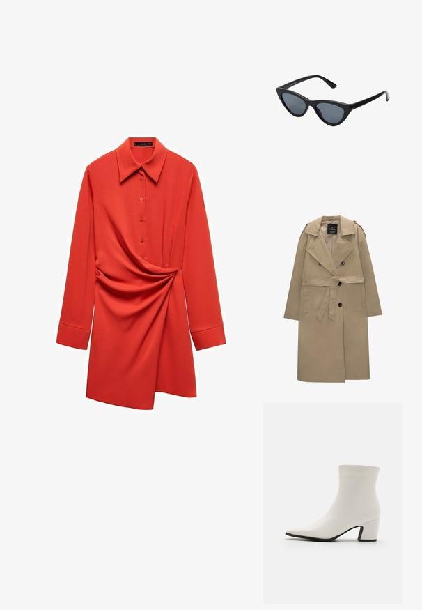 Manteau trench beige à double boutonnage avec ceinture, larges revers, épaulettes, poches latérales et fermetures à bouton.; Mango Robe chemise - red; RAID DELPHIE - Bottines - white; Lunettes de soleil noires en forme d'œil de chat avec des verres gris foncé, monture en plastique élégante, coins pointus et branches droites. Pas de métal visible ni d'accents.