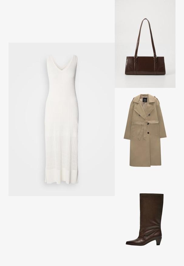 Vaale beige kaksirivinen trench-takki vyöllä, leveillä läpillä, olkapäälapuilla, sivutaskuilla ja napitus. ; Valkoinen ilmanhihoinen neulemekko, jossa on V-pääntie, ribbitekstuuri ja polven alapuolelle ulottuva pituus, jossa on kuvioitu alaosa.; Tummanruskea nahkasaapas, joka ulottuu nilkkaan, matalalla pinojalalla, teräväkärkinen ja hieman roikkuva vartti vaaleaa taustaa vasten.; Ruskea patentoitu nahkalaukku, jossa on suorakaiteen muotoinen malli, kaksi pitkää kantohihnaa ja hienovaraiset kaarevat yksityiskohdat etuosassa.