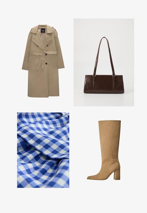 Trench coat beige doppiopetto con cintura, ampi rever, spalline, tasche laterali e chiusure a bottone.; Maglione bianco in lana a trama lavorata a maglia con maniche lunghe e polsini e orlo a coste, scollatura a girocollo, esposto su uno sfondo bianco.; Tessuto a quadrati blu e bianchi con una consistenza morbida, caratterizzato da piccoli quadrati in tonalità di blu alternate. Include una rifinitura arricciata.; Stivale al ginocchio in suede beige con tacco a blocco, caratterizzato da una punta affusolata e una superficie liscia. Design minimalista senza decorazioni.; Borsa in pelle verniciata marrone di forma rettangolare, con due manici lunghi e sottili accenti curvi sul davanti.