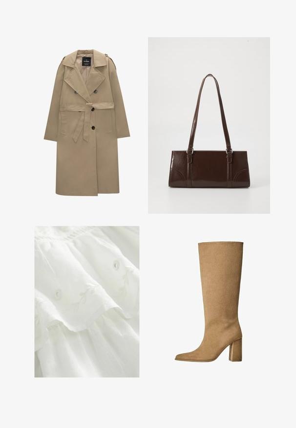 Manteau trench beige à double boutonnage avec ceinture, larges revers, épaulettes, poches latérales et fermetures à bouton.; Pull en laine blanc à mailles torsadées avec des manches longues et des poignets et un ourlet côtelés, col rond, présenté sur un fond blanc.; Robe en tissu blanc avec broderies florales, ourlet à volants et détails de boutons. Texture douce avec un design léger et fluide.; Botte en daim beige montant jusqu'au genou avec un talon carré, dotée d'un bout pointu et d'une texture lisse. Design minimaliste sans embellissements.; Sac à main en cuir verni marron de forme rectangulaire, avec deux longues poignées et des accents courbés subtils à l'avant.