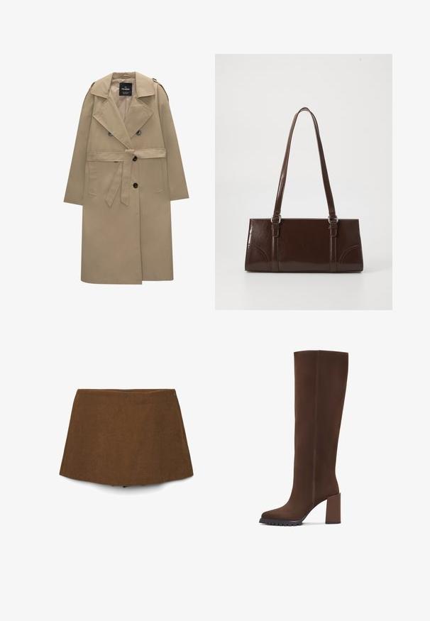 Beige double-breasted trench coat with belt, wide lapels, shoulder epaulets, side pockets, and button closures.; White cable knit wool sweater with long sleeves and ribbed cuffs and hem, crew neckline, displayed on a white background.; Brown corduroy A-line mini skirt with a subtle side zipper, displayed against a white background.; Brown knee-high boots made of soft fabric, featuring a square toe, block heel, and a textured rubber sole. Clean lines without embellishments.; Brown patent leather handbag with a rectangular shape, two long handles, and subtle curved accents on the front.
