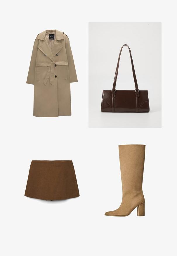 Trench coat beige doppiopetto con cintura, ampi rever, spalline, tasche laterali e chiusure a bottone.; Maglione bianco in lana a trama lavorata a maglia con maniche lunghe e polsini e orlo a coste, scollatura a girocollo, esposto su uno sfondo bianco.; Gonna mini A-line in corduroy marrone con una leggera cerniera laterale, esposta su uno sfondo bianco.; Stivale al ginocchio in suede beige con tacco a blocco, caratterizzato da una punta affusolata e una superficie liscia. Design minimalista senza decorazioni.; Borsa in pelle verniciata marrone di forma rettangolare, con due manici lunghi e sottili accenti curvi sul davanti.