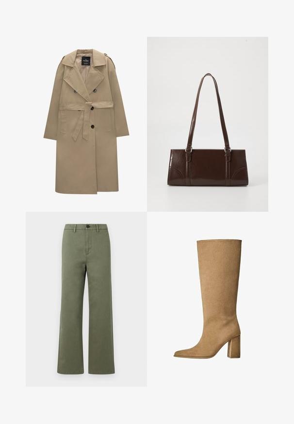 Beige dubbelzijdige trenchcoat met riem, brede revers, schouderepauletten, zijzakken en knoopsluitingen.; Witte kabelgebreide wollen trui met lange mouwen en geribde manchetten en zoom, ronde halslijn, tentoongesteld op een witte achtergrond.; Olijfgroene rechtlopende broeken met riemlussen, knoopsluiting en een ritssluiting aan de voorkant op een plain witte achtergrond.; Tan kleurige suède laarzen tot de knie met een blokhak, voorzien van een spitse neus en een gladde textuur. Minimalistisch ontwerp zonder versieringen.; Bruine lakleren handtas met een rechthoekige vorm, twee lange handvatten en subtiele gebogen accenten aan de voorkant.