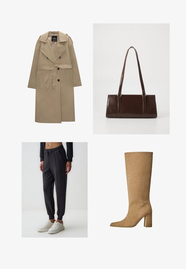 Beige doppelreihiger Trenchcoat mit Gürtel, breiten Revers, Schulterepauletten, Seitentaschen und Knöpfen.; Weißer, kabelgestrickter Wollpullover mit langen Ärmeln und gerippten Bündchen und Saum, runder Ausschnitt, auf weißem Hintergrund präsentiert.; Jimmy Key HIGH WAIST JOGGER - Jogginghose - anthracite; Hellbraune Wildleder-Stiefel bis zum Knie mit Blockabsatz, spitz zulaufender Zehenform und glatter Textur. Minimalistisches Design ohne Verzierungen.; Braune Lackleder-Handtasche in rechteckiger Form, mit zwei langen Griffen und subtilen, geschwungenen Akzenten auf der Vorderseite.