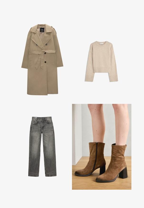 Vaale beige kaksirivinen trench-takki vyöllä, leveillä läpillä, olkapäälapuilla, sivutaskuilla ja napitus. ; Beige lyhyt villapaita, joka on valmistettu pehmeästä neulotusta materiaalista. Siinä on pyöreä kaula-aukko, pitkät hihat sekä ribbireunat ja helma, jotka lisäävät tekstuuria.; Harmaat denim-farkut rentona istuvuutena, joissa on viisi taskua, häilyvää kulutusta ja suora lahjerakenne. Klassinen vyötärö vyölenkeillä.; Ruskea mokkanahkainen nilkkabootsi, jossa on vetoketjukiinnitys, neliön muotoiset korot ja sileä pinta, jossa on yksinkertaista ommeltua reunaa sivuilla.