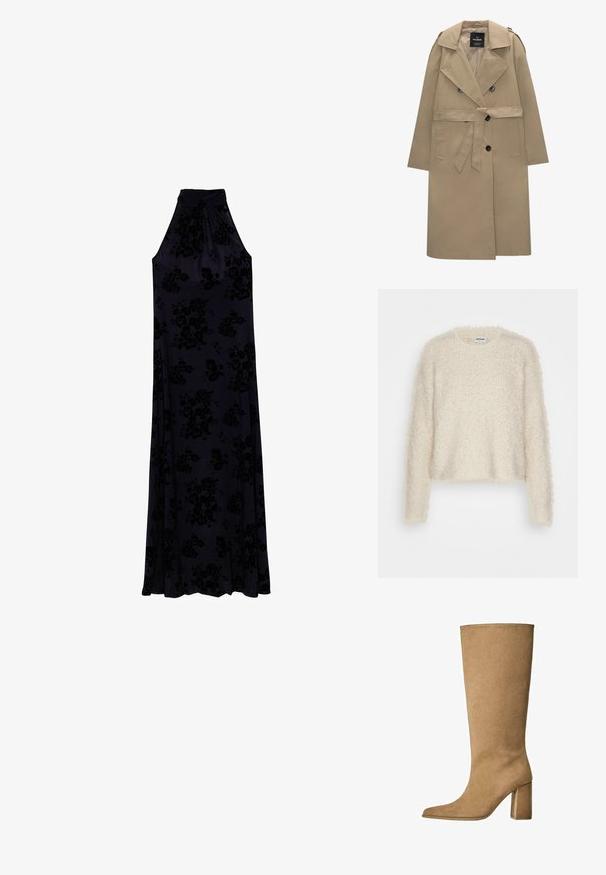 Beige dubbelknäppt trenchcoat med bälte, breda slag, axelkläppar, sidofickor och knapplåsningar.; Tjock, krämfärgad tröja med texturerad stickning, långa ärmar och rund halsringning. Kortsiktig design och lös passform för komfort.; Lång klänning med halterneck i mörk marinblått tyg med ett strukturerat blommönster. Flödar mjukt från en figurnära bodice till en full kjol.; Tan mockasins knähöga stövlar med blockklack, med spetsig tå och slät textur. Minimalistisk design utan utsmyckningar.; Vävd beige tote-väska med en avslappnad design och ett enda axelband. Har ett texturerat mönster över hela ytan.