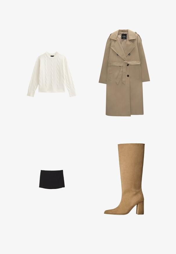 Beige dubbelzijdige trenchcoat met riem, brede revers, schouderepauletten, zijzakken en knoopsluitingen.; Witte kabelgebreide wollen trui met lange mouwen en geribde manchetten en zoom, ronde halslijn, tentoongesteld op een witte achtergrond.; Zwarte minirok van soepel, rekbaar materiaal; heeft een rechte snit met een subtiele zoom en geen zichtbare sluitingen of patronen.; Tan kleurige suède laarzen tot de knie met een blokhak, voorzien van een spitse neus en een gladde textuur. Minimalistisch ontwerp zonder versieringen.