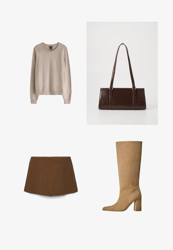 Beige doppelreihiger Trenchcoat mit Gürtel, breiten Revers, Schulterepauletten, Seitentaschen und Knöpfen.; Beiger Pullover mit ribbeligem Rundhalsausschnitt, langen Ärmeln und einer lockeren Passform, gefertigt aus weichem Material.; Brauner Cord-Rock im A-Linie mit einem dezenten seitlichen Reißverschluss, vor einem weißen Hintergrund präsentiert.; Hellbraune Wildleder-Stiefel bis zum Knie mit Blockabsatz, spitz zulaufender Zehenform und glatter Textur. Minimalistisches Design ohne Verzierungen.; Braune Lackleder-Handtasche in rechteckiger Form, mit zwei langen Griffen und subtilen, geschwungenen Akzenten auf der Vorderseite.