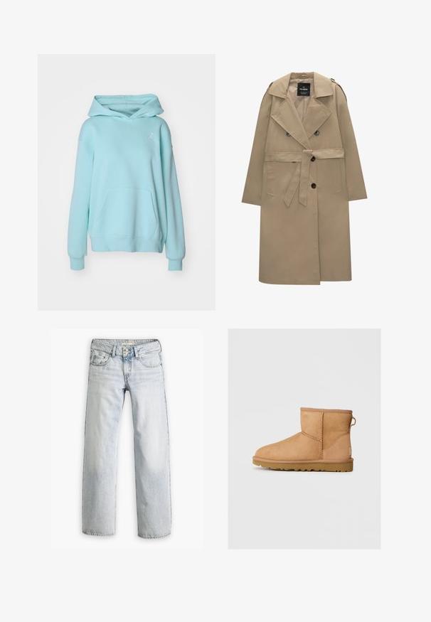 Beige dubbelknäppt trenchcoat med bälte, breda slag, axelkläppar, sidofickor och knapplåsningar.; Jordan Luvtröja - light dew/(white); Ljusblå denimjeans med avslappnad passform, hög midja och femficksdesign. Har sömnadsdetaljer och knappgylf.; Tan mockasinfärgad ankelbotten med rund tå, sydda detaljer, dragflik på baksidan och ett strukturerat gummisul. Designad för komfort och värme.