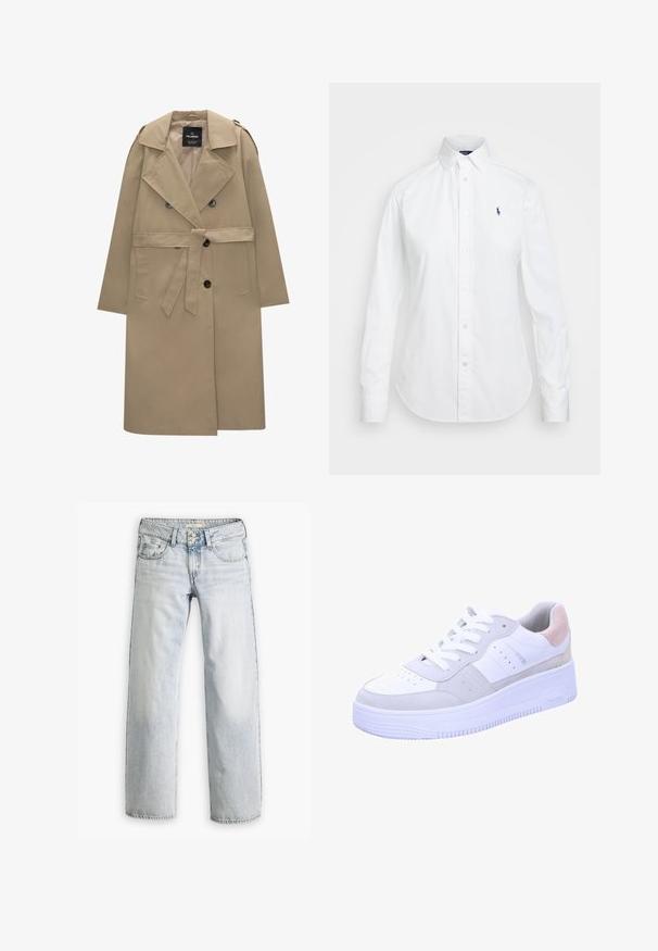 Beige dubbelzijdige trenchcoat met riem, brede revers, schouderepauletten, zijzakken en knoopsluitingen.; Witte button-up shirt met een puntige kraag, lange mouwen en een klein blauw logo op de linkerborst. Gemaakt van katoen.; Lichtblauwe denim jeans met een ontspannen pasvorm, hoge taille en vijf-pocket ontwerp. Bevat stikaccenten en een knopenfly-sluiting.; Witte sneaker met grijze suede accenten, een gestructureerde zool, geperforeerde neus, en witte veters. Heeft een subtiele pastelroze hieltab.