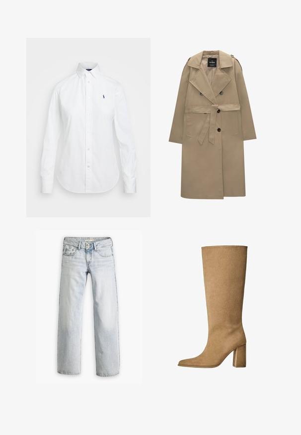 Bežový dvouřadý trenčkot s opaskem, širokými klopami, ramenními epauletami, bočními kapsami a knoflíkovým zapínáním.; Bílá košile na knoflíky s špičatým límcem, dlouhými rukávy a malým modrým logem na levé straně hrudi. Vyrobena z bavlněné tkaniny.; Světle modré džíny s volným střihem, vysokým pasem a designem s pěti kapsami. Obsahují akcenty šití a zapínání na knoflík.; Tan semišové kozačky po kolena s blokovým podpatkem, s špičatou špičkou a hladkým povrchem. Minimalistický design bez zdobení.