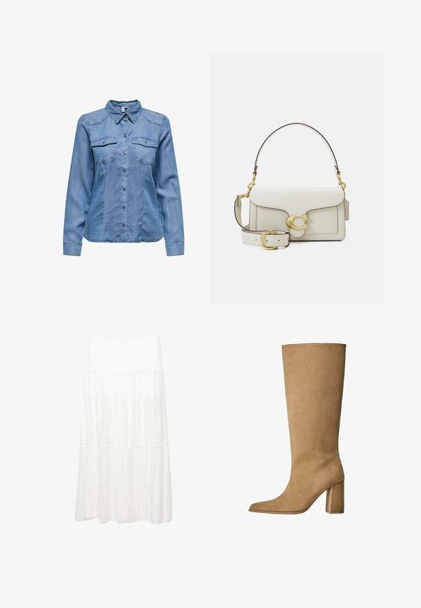 Vaale beige kaksirivinen trench-takki vyöllä, leveillä läpillä, olkapäälapuilla, sivutaskuilla ja napitus. ; Vaaleansininen farkkutakki, jossa on kaulus, pitkät hihat, kaksi rintataskua ja hopeiset napit edessä. Sileä pinta.; Valkoinen kerroksittain oleva hame, jossa on teksturoitu kangas, leveä vyötärö ja virtaava muotoilu. Materiaalissa on hienovaraisia kuvioita.; Vaaleanruskeat mokka pitkävartiset saappaat, joissa on loiva korko, terävä kärki ja sileä pinta. Minimalistinen muotoilu ilman koristeita.; Valkoinen nahkalaukku kultaisilla metalliosilla, jossa on läppäkiinnitys ja irrotettava, säädettävä hihna. Keskellä pyöreä metallikoriste.