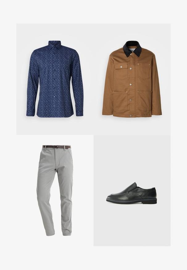 Brun arbeidjakke med svart cordfløyelskrage, metallknapper foran og fire frontlommer, satt mot en hvit bakgrunn.; OLYMP No. Six Skjorte - marine; Lys grå bukser laget av myk stoff, med rett ben-design, frontlommer og et brunt lærbelte for sammenbinding.; Sorte skinn slip-on sko med en jevn overflate, stikking detaljer, rund tå og en lav gummihæl. Sålen har minimal mønstring.