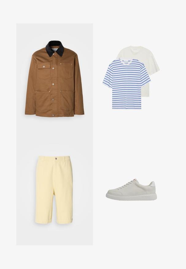 Hnědá pracovní bunda s černým kordovým límcem, s kovovými knoflíky vpředu a čtyřmi předními kapsami, umístěná na bílém pozadí.; Dvě trička s krátkým rukávem: jedno bílé s modrými pruhy a jedno v jednobarevné světle krémové barvě. Měkký bavlněný materiál, kulatý výstřih, volný střih.; Žluté bavlněné kraťasy se rovný střihem, s předním zapínáním na knoflík a ohrnutým lemem. Hladká textura, ležérní design.; Světle šedé kožené tenisky s nízkým profilem, kulatou špičkou a bílými akcenty. Mají šest dírek, ploché tkaničky a texturovanou gumovou podrážku.