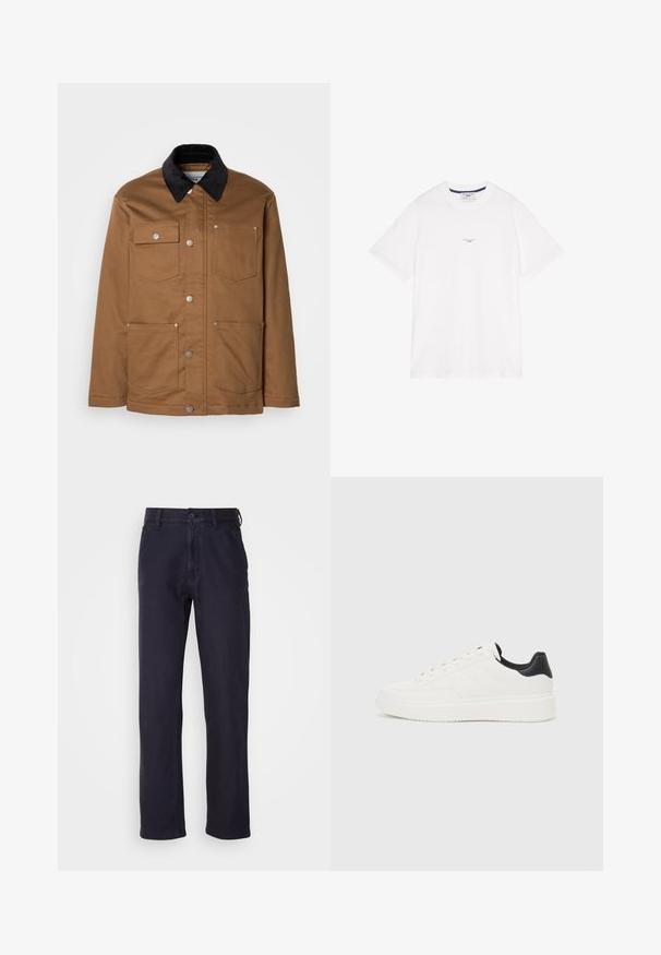 Bruine werkjas met zwarte ribfluweel kraag, voorkant met metalen knopen en vier frontzakken, tegen een witte achtergrond.; Witte katoenen t-shirt met korte mouwen, ronde hals en subtiele tekst in het midden. Soepele textuur met een ontspannen pasvorm.; Marineblauwe chino's van een katoenmix, met een knoopsluiting, rechte pijpen en minimale accenten voor een klassieke uitstraling.; Witte leren sneaker met een reliëfpatroon, textuur van de witte tussenzool en een zwarte hielaccent. Heeft een ronde neus en platte veters.