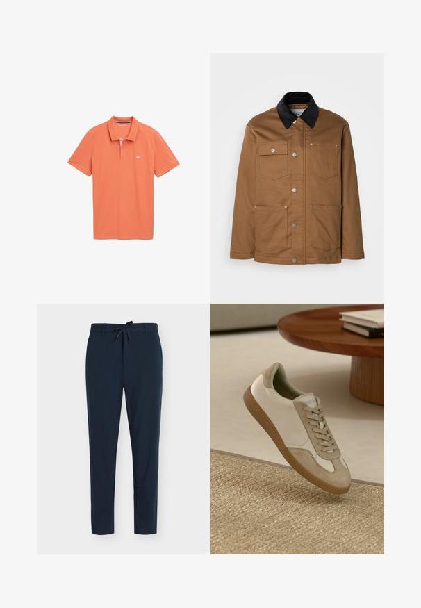 Rjava delovna jakna z ovratnikom iz črnega žameta, spredaj z kovinskimi gumbi in štirimi sprednjimi žepi, postavljena na belo ozadje.; Polo majica s kratkimi rokavi v oranžni barvi, izdelana iz mehkega bombaža. Ima prugast ovratnik z dvema gumboma, diskreten logotip na prsih ter ravno obrobo.; Temno modre hlače iz gladkega blaga z elastiko in vrvico v pasu, z navpičnim trakastim vzorcem in zoženim krojem hlačnic.; Lahki športni copat z belim usnjenim zgornjim delom in bež semiš poudarki, okroglo nosnico ter teksturiranim rjavim gumijastim podplatom.