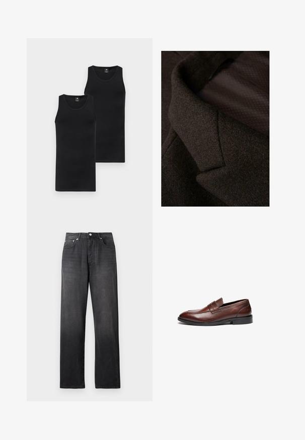 Lähikuva ruskeasta villakankaasta, jossa on teksturoitu pinta. Kaulus on jyrkästi muotoiltu, ja sileässä sisävuorissa on hienovarainen kuvio.; Kaksi mustaa hihattomaa puseroa; istuva malli, pyöreä pääntie, sileä pinta, joustavaa kangasta; molemmissa on huomaamaton tuotemerkki logo edessä.; Musta korkea vyötärö suora lahje farkut etunapilla ja vetoketjulla, kaksi etutaskua ja hienovaraiset haalistumat.; Ruske nahkatohtori preppikojoilla, joissa on sileä pinta, pyöreä kärki, koristeellinen hihna ja musta kumipohja. Sisältää vähäisiä ompelutietoja.