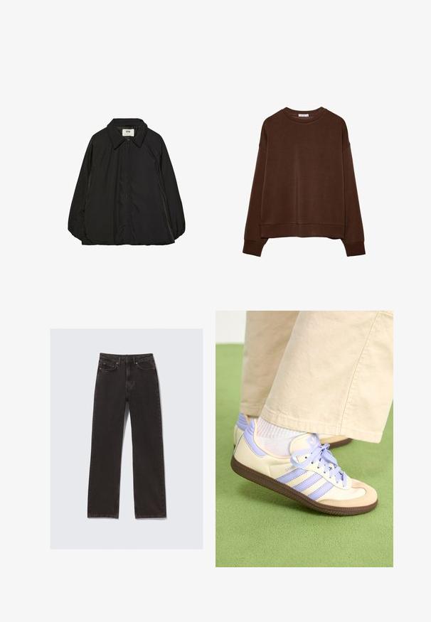 Čierna vypchávkovaná bunda s špicatým golierom a plným zipsom, s mierne prehnaným strihom a hladkou, lesklou textúrou látky.; Hnedá mikina s voľným strihom, okrúhlym výstrihom a dlhými rukávmi. Mäkká tkanina s rebrovanými manžetami a lemom. Bez vzorov alebo akcentov.; Čierne džínsy so strižom rovného strihu, s prednými vreckami, pútkami na opasok a decentnými švy. Vyrobené z odolného bavlneného materiálu.; Krémovo-fialové tenisky so tromi pruhmi a štruktúrovanou hnedou podrážkou, s šnúrkami a polstrovaným opätkom. Mäkký textilný zvršok.