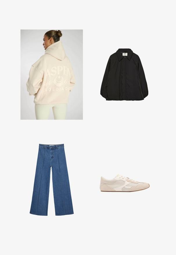 Czarna pikowana kurtka z wyszukanym kołnierzem i pełnym zamkiem błyskawicznym, charakteryzująca się lekko oversize'owym krojem oraz gładką, błyszczącą fakturą materiału.; Przesadnie dużych, jasnobeżowy hoodie z teksturowanym graficznym napisem "ASPEN COLORADO", z motywami górskimi i kapturem ze sznurkiem.; Jeans typu wide-leg w średnim niebieskim kolorze, z wysokim stanem, zapięciem na guziki oraz kontrastowymi szwami pionowymi z przodu.; Beżowy sneaker wykonany z połączenia siateczki i zamszu, z zaokrąglonym noskiem, sznurowanym przodem i płaską gumową podeszwą.