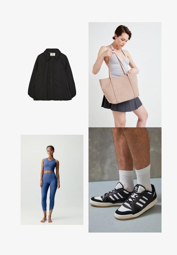 Černá prošívaná bunda s špičatým límcem a plným zipem, s mírně oversize střihem a hladkým, lesklým textilním povrchem.; Černé a bílé trička s dlouhým rukávem, se zaoblenými výstřihy, měkkou tkaninou a přiléhavým designem se přímými lemy.; Modrý sportovní podprsenka a legíny vyrobené z elastického materiálu. Podprsenka má výstřih do V; legíny mají výřezy na lýtkách.; Černobílé tenisky s vrchní částí z semišové a kožené kůže, včetně tří bílých pruhů, perforovaného špičky a podrážky z gumy.; Béžová kabelka z imitace kůže s dvěma popruhy, obdélníkovým tvarem a hladkým povrchem. Kabelka má jednoduchý, minimalistický design.