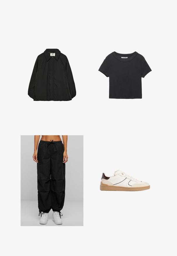 Crna podstavljena jakna s oštrim kragnom i punim zatvaračem, koja ima blago preveliki kroj i glatku, sjajnu teksturu tkanine.; Crni skraćeni majica od rebraste tkanine. Ima okrugli izrez i kratke rukave. Jednostavan dizajn bez uzoraka ili akcenata.; Crne cargo hlače imaju pojas s vezicom, široki kroj i više džepova. Tkanina izgleda lagano s mat teksturom. Uparene su s bijelim tenisicama.; Stradivarius Tenisice - white