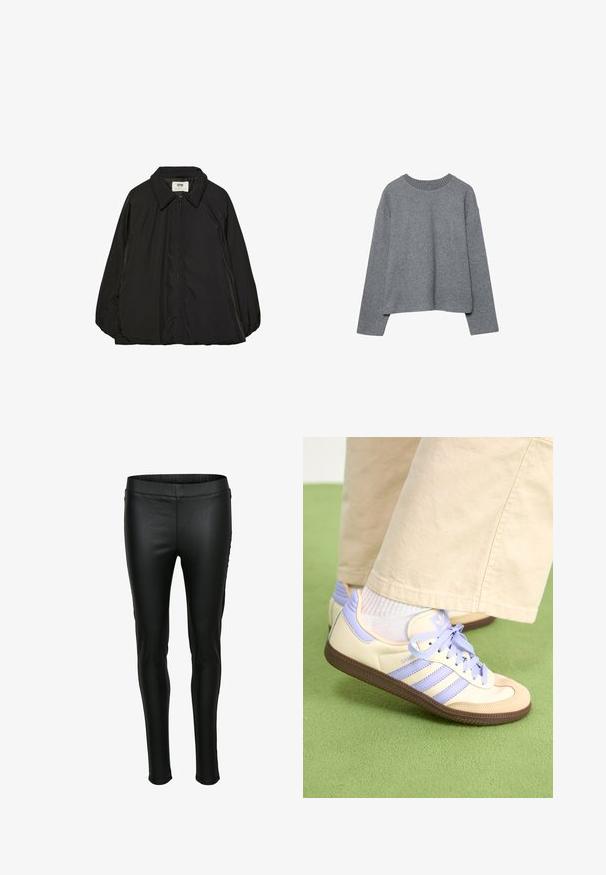 Veste rembourrée noire avec un col pointu et une fermeture éclair intégrale, présentant une coupe légèrement oversized et une texture en tissu lisse et brillant.; Pull gris court en tissu tricoté doux, avec un col rond en côtes et des manches longues, ayant une coupe décontractée et un minimum de détails.; Leggings noirs en simili cuir avec une texture lisse, une silhouette ajustée et une taille élastique. Coutures minimales et pas de poches.; Baskets crème et lavande avec trois bandes et une semelle marron texturée, dotées de lacets et d'un talon rembourré. Tige en tissu doux.