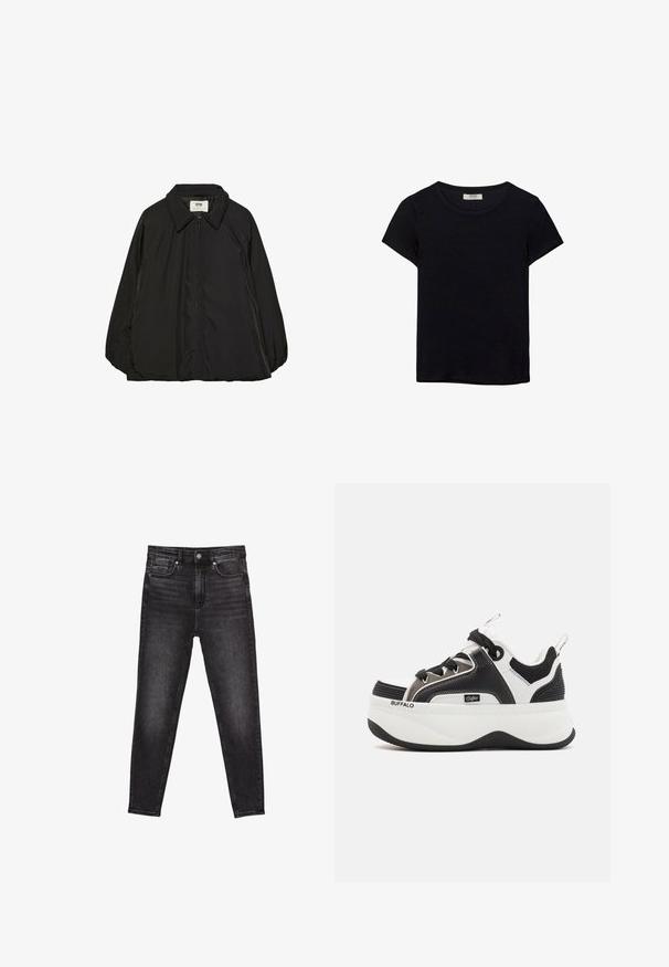 Musta topattu takki, jossa on terävä kaulus ja täysipitkä vetoketju, hieman ylisuuri malli ja sileä, kiiltävä kangasrunko.; Mustat lyhythihaiset t-paidat, jotka on valmistettu pehmeästä kankaasta. Contains classic pyöreä kaula-aukko ja rento istuvuus. Ei näkyviä kuvioita tai yksityiskohtia.; Mustat farkut ovat muotoillut ja niissä on korkea vyötärö, viisi taskua sekä hienovarainen kuluminen rakenteen luomiseksi. Lisäksi ne on viimeistelty etupainonauhalla.; Kengät alustalla, joissa on musta-valkoinen muotoilu, verkkomaiset yksityiskohdat, tekstuurit ja näkyvä logo sivulla.